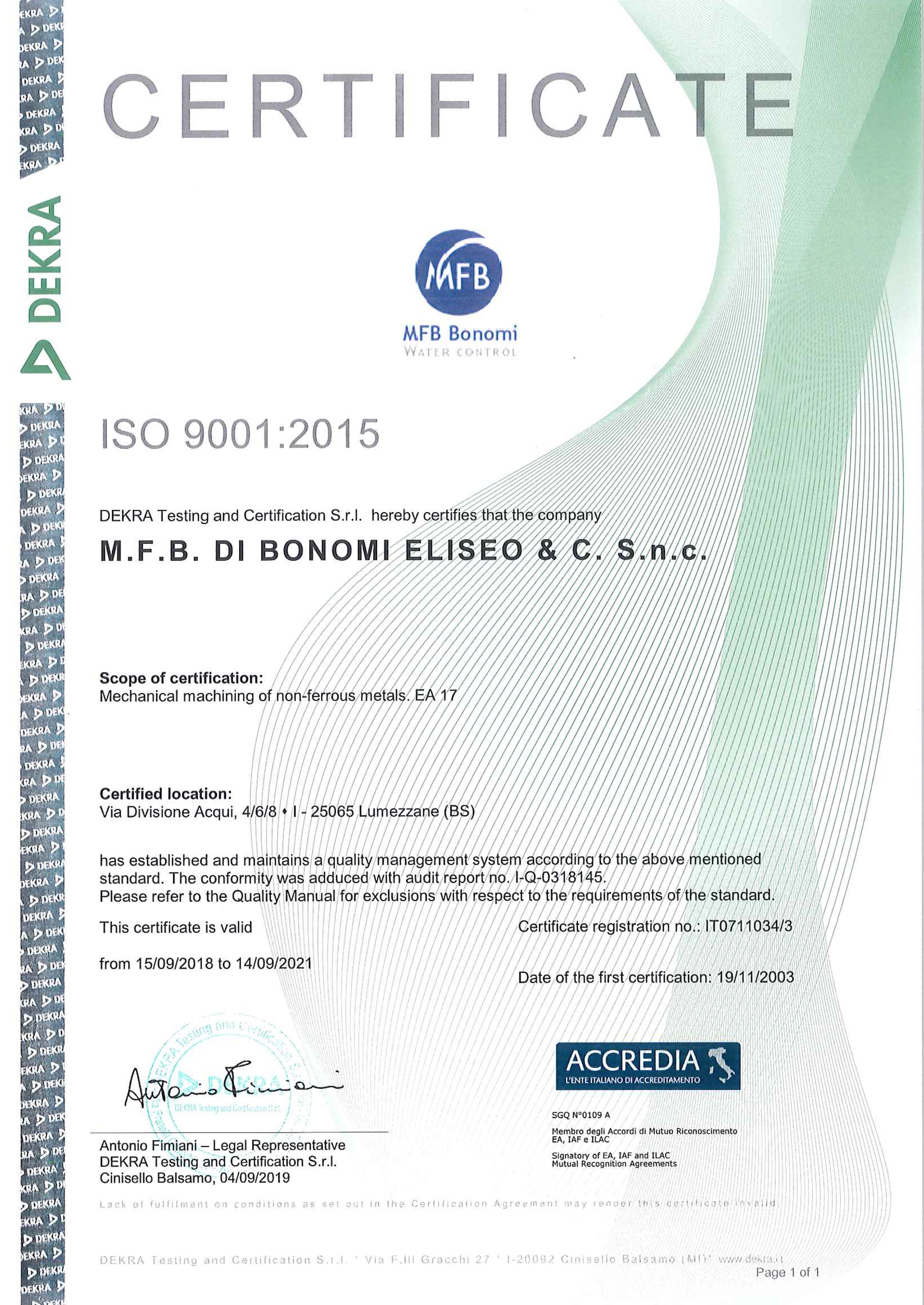 Certificato qualità MFB Bonomi